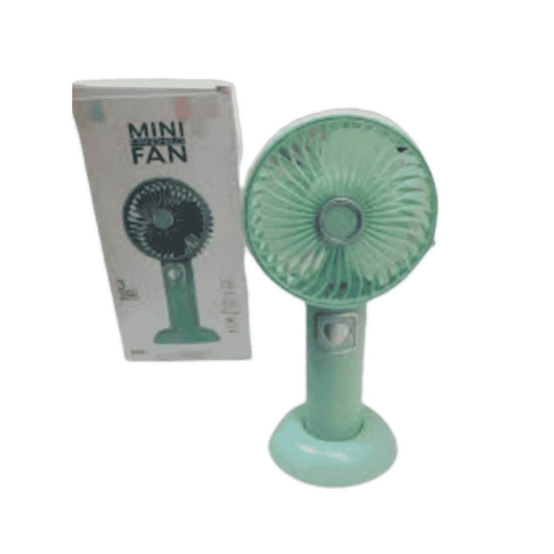 Wonder Fan mini handheld fan with mint stand and white product box packaging.