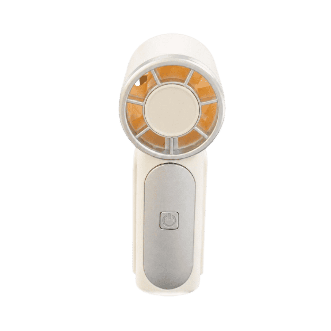 Wonder Fan mini high-speed handheld fan, cream body, orange blades, silver control panel, and power button.