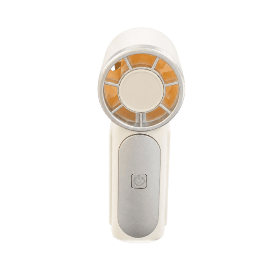 Wonder Fan mini high-speed handheld fan, cream body, orange blades, silver control panel, and power button.
