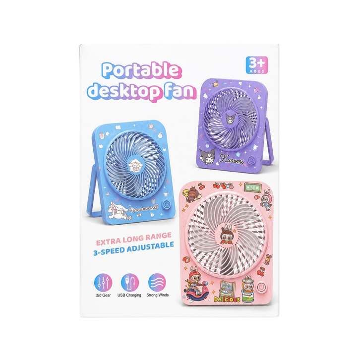 Wonder Fan portable desktop fan packaging showing blue, purple, and pink cartoon designs with USB charging.