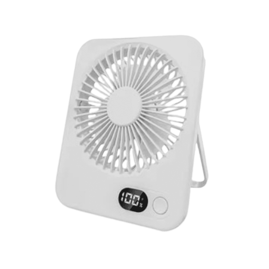 Portable mini desk fan with digital display, white USB rechargeable fan with adjustable stand