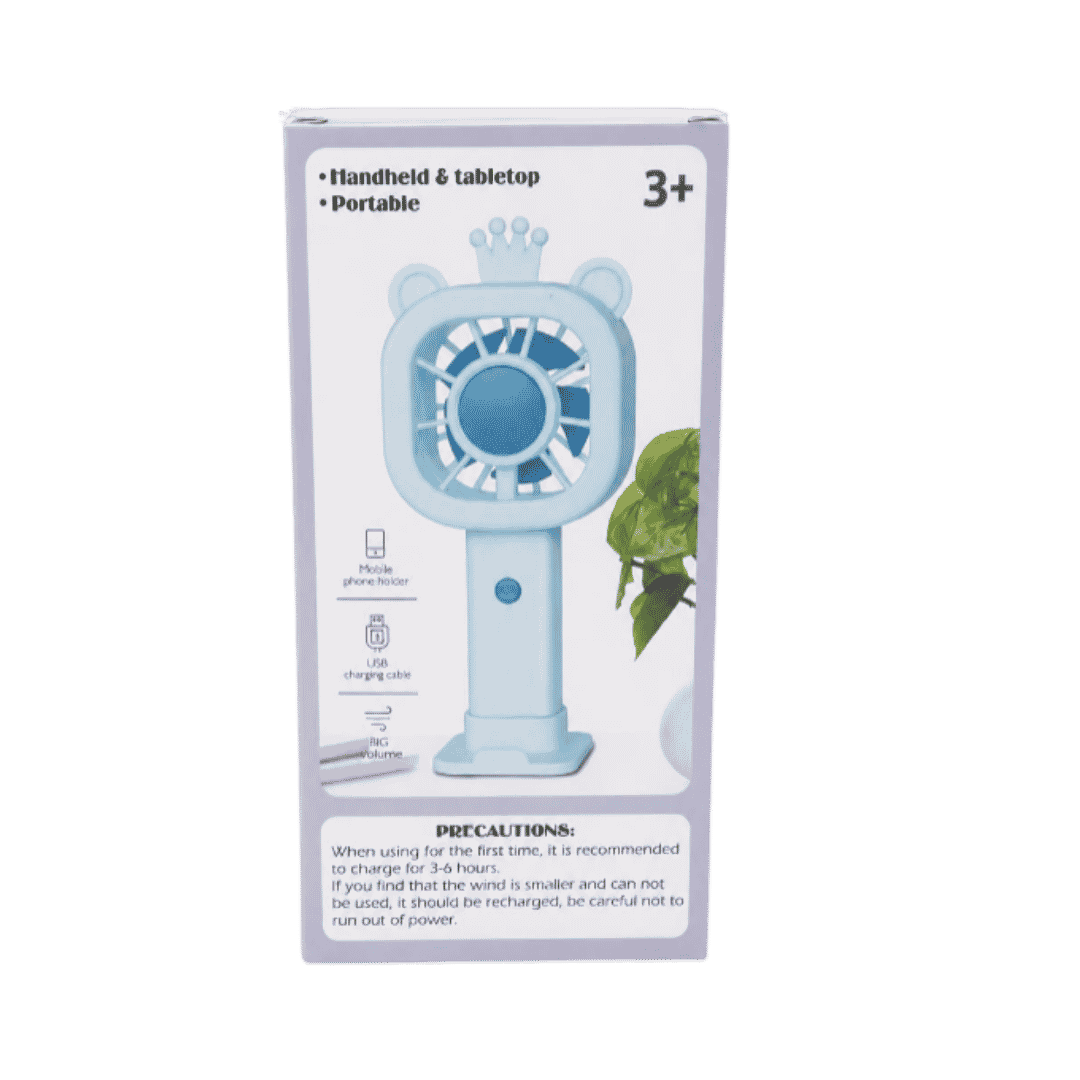 Wonder Fan blue handheld tabletop fan for ages 3+, USB rechargeable with phone holder packaging.