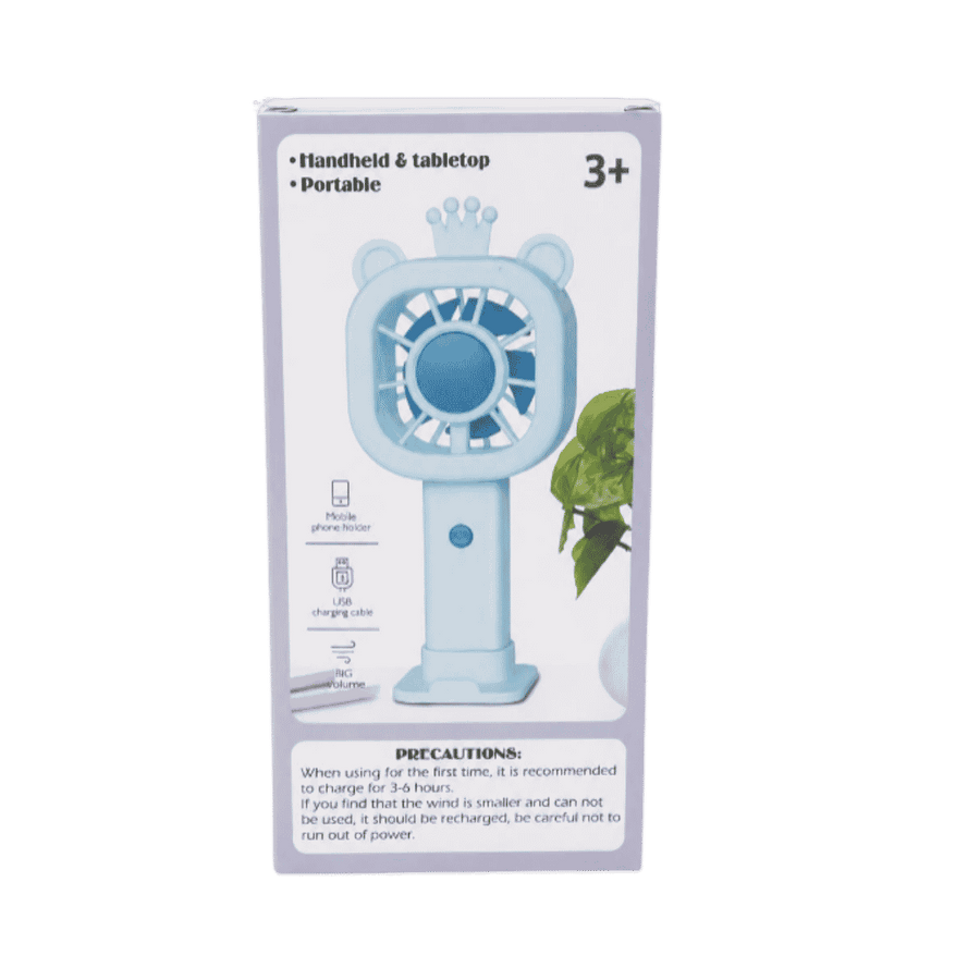 Wonder Fan blue handheld tabletop fan for ages 3+, USB rechargeable with phone holder packaging.