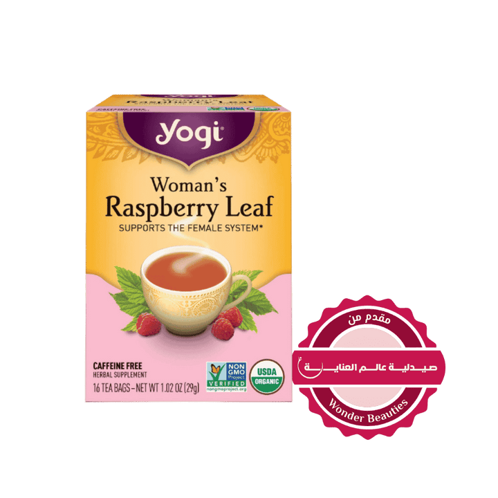 Yogi Woman’s Raspberry Leaf caffeine-free herbal tea, yellow pink box, USDA organic, 16 tea bags