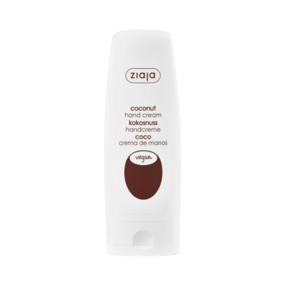Ziaja coconut hand cream, white squeeze tube with brown coconut label and vegan marking

