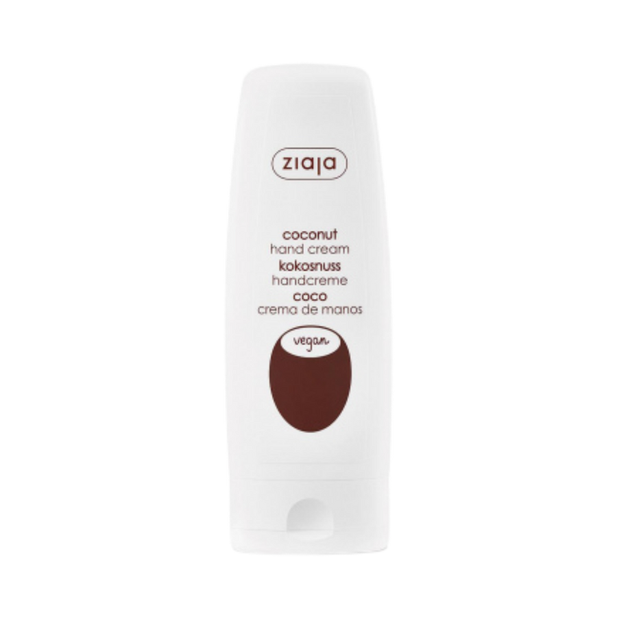 Ziaja coconut hand cream, white squeeze tube with brown coconut label and vegan marking
