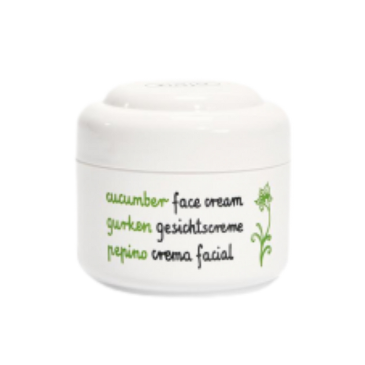 Ziaja Cucumber Face Cream, 50ml, white jar with green text, labeled in multiple languages.

