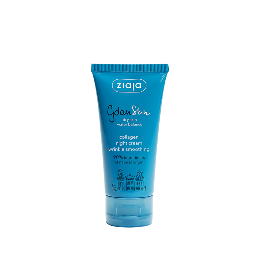 Ziaja GdanSkin collagen night cream, blue squeeze tube, wrinkle smoothing formula, dry skin water balance label.