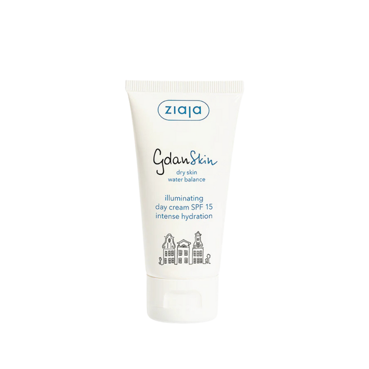Ziaja GdanSkin illuminating day cream SPF 15, white squeeze tube, dry skin water balance label.
