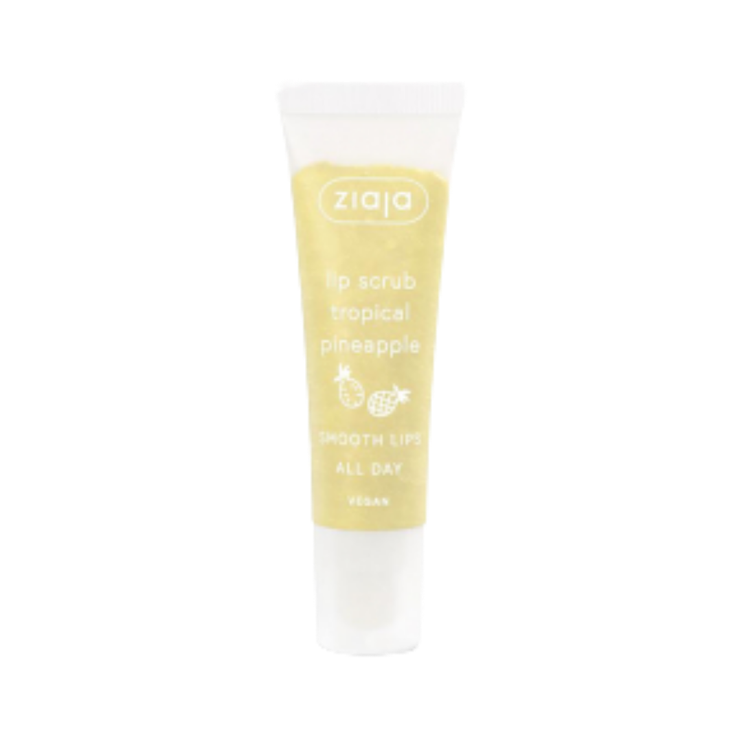 Ziaja tropical pineapple lip scrub, vegan, yellow label squeeze tube with white cap
