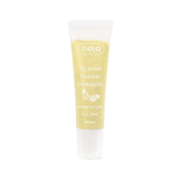 Ziaja tropical pineapple lip scrub, vegan, yellow label squeeze tube with white cap
