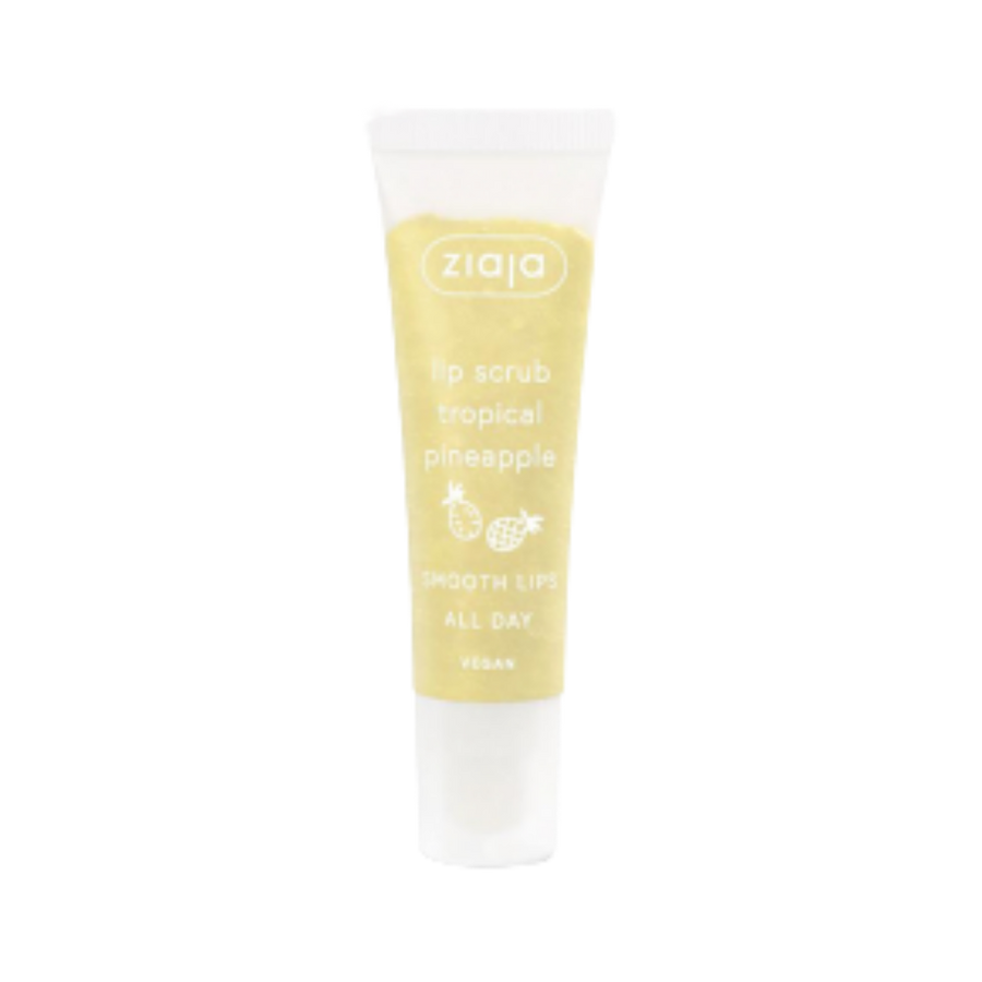 Ziaja tropical pineapple lip scrub, vegan, yellow label squeeze tube with white cap
