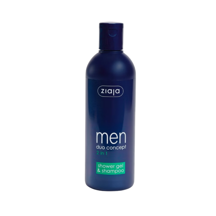 Ziaja Men Duo Concept 2-in-1 Shower Gel & Shampoo, 300 ml, dark blue plastic bottle with flip-top cap.
