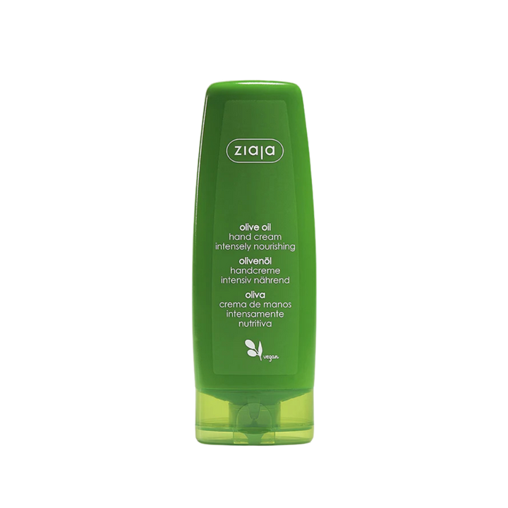 Ziaja Olive Oil hand cream, green squeeze tube, vegan label, flip-top cap, olive oil branding.