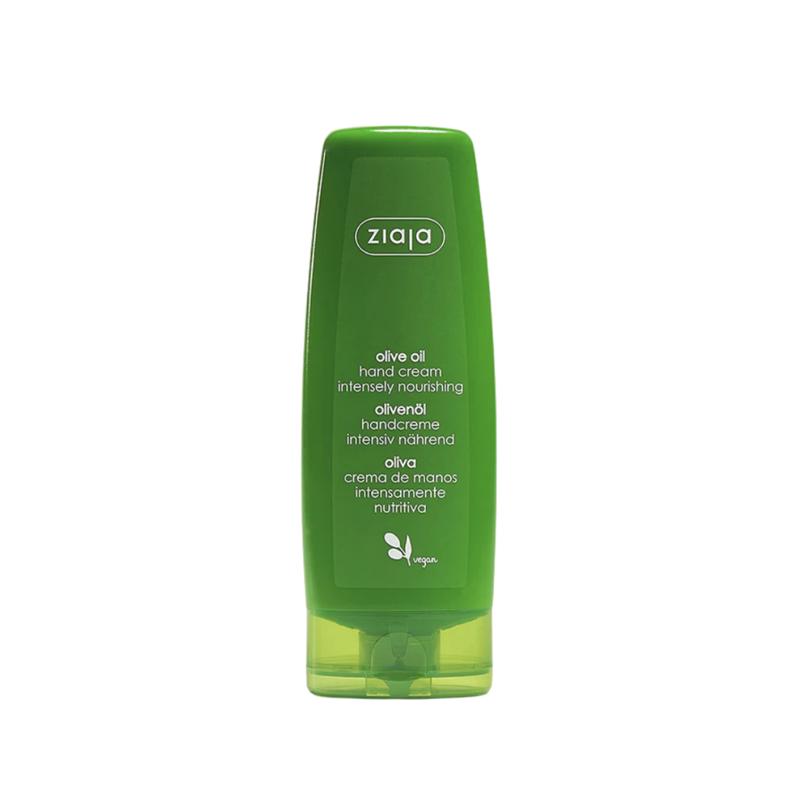 Ziaja Olive Oil hand cream, green squeeze tube, vegan label, flip-top cap, olive oil branding.