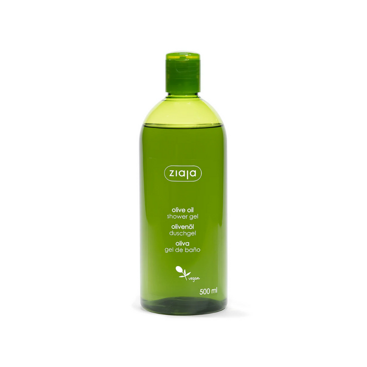Ziaja olive oil shower gel bottle, vegan formula, 500 ml green transparent packaging.