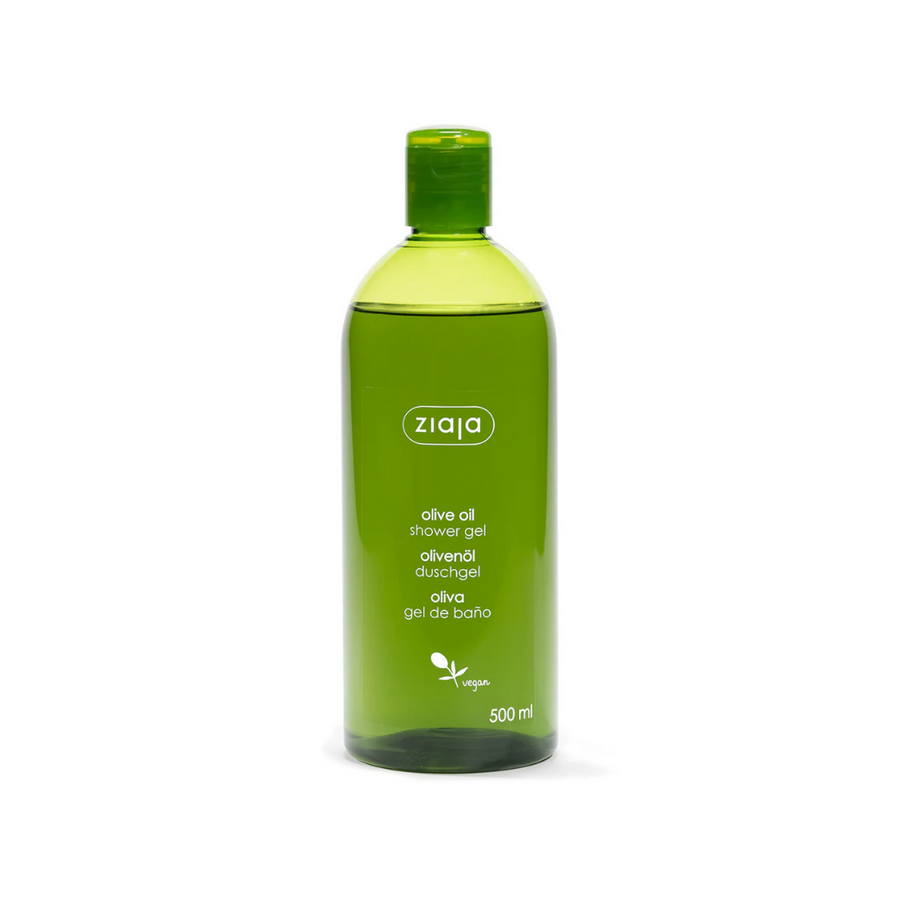 Ziaja olive oil shower gel bottle, vegan formula, 500 ml green transparent packaging.