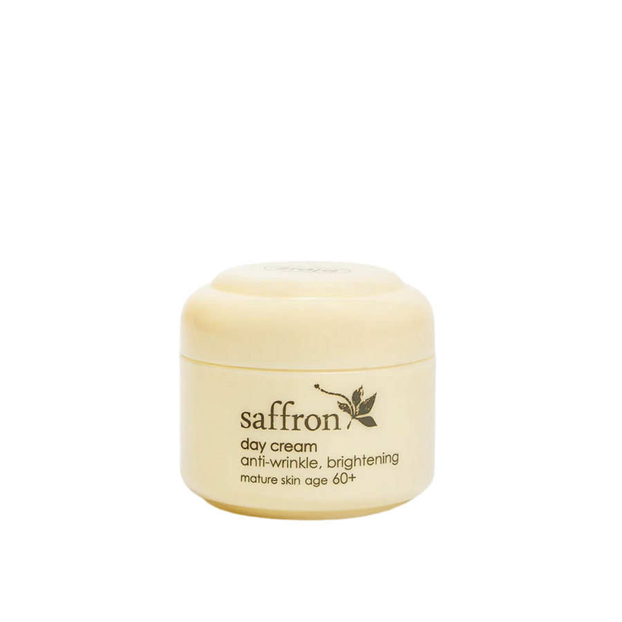 Saffron day cream anti-wrinkle brightening, cream jar packaging, mature skin age 60+, beige container.