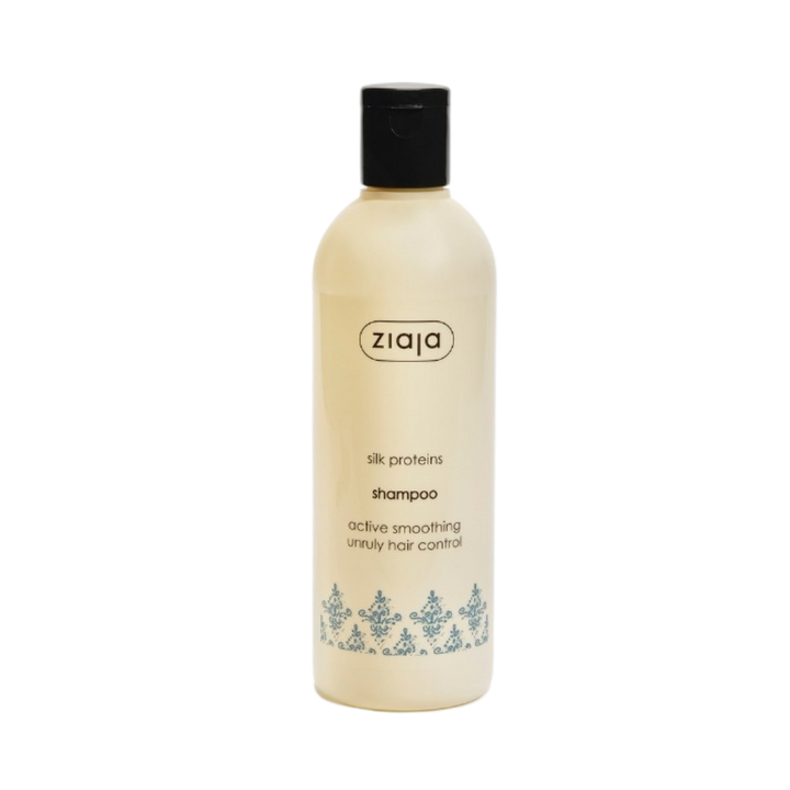 Ziaja silk proteins shampoo, active smoothing unruly hair control, beige plastic bottle with black flip cap
