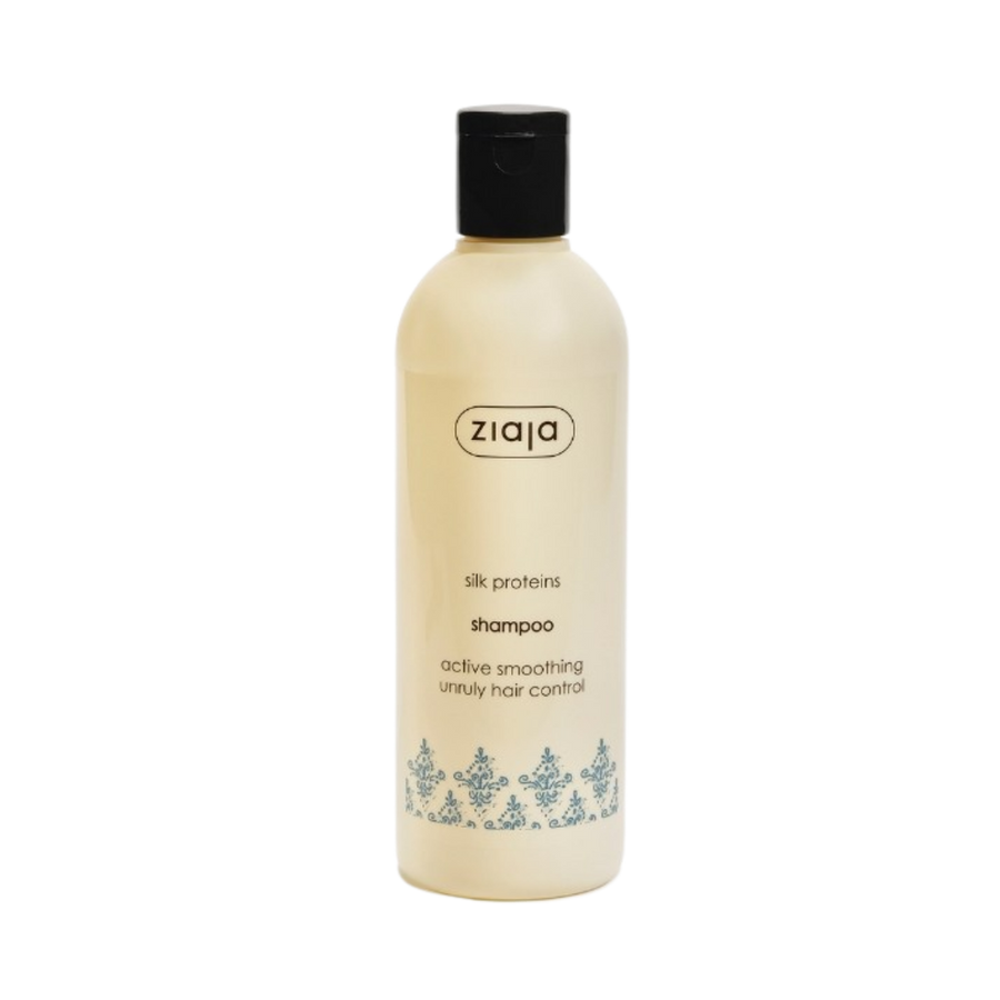 Ziaja silk proteins shampoo, active smoothing unruly hair control, beige plastic bottle with black flip cap
